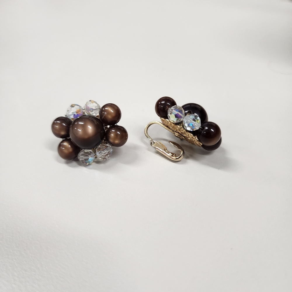 Vintage Brown Moonglow Bead & AB Crystal Clip-On Earrings, Mid-Century Costume